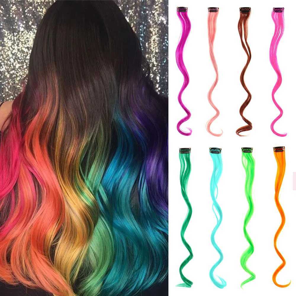 Sentetik peruklar sentetik peruklar 22 inç renkli saçlar kızlar için sentetik uzun saç parçasında bir klips kadın çocuk çok renkli parti vurguları peruk 240329