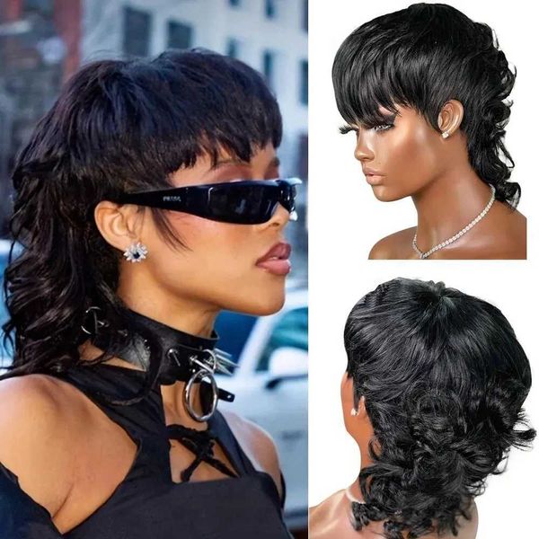 Pelucas sintéticas Pelucas sintéticas Jerry Curl Remy Cabello humano Salmonete Peluca completa hecha a máquina con flequillo Sin cola Corte Pixie Cola de milano Pelucas de color natural Listas para usar 240329