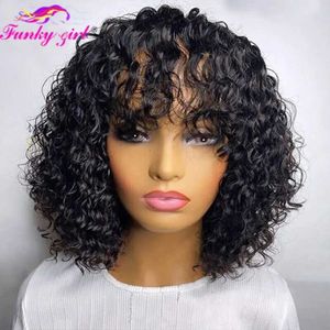 Pelucas sintéticas pelucas sintéticas bob bob corto peluca de cabello humano con flequillo pixie bob corta pelucas de agua ondas de agua máquina completa peluca blanca barata para mujeres 240327