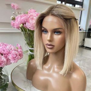 Synthetische pruiken Synthetische pruiken Zacht Ombre Blond Korte Bob 613 Natuurlijke haarlijn Zijdeachtige Recht Kanten Voorkant Pruiken Voor zwarte vrouwen Met babyhaar Dagelijks Cosplay 240327