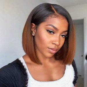 Perruques synthétiques Perruques synthétiques Wear Go cheveux humains sans colle bords soulignés perruques Bob 5x5 Lace Front marron droit court Bob perruques pré-épilées HD Lace Closure Wig 240327