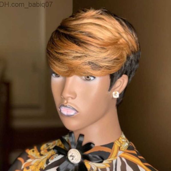 Perruques synthétiques Perruques synthétiques WIGERA Pixie Cut Straight Short Honey Blonde Ombre Color Hair Bob Wig With Bangs Full Manchine Made For Women Z230801