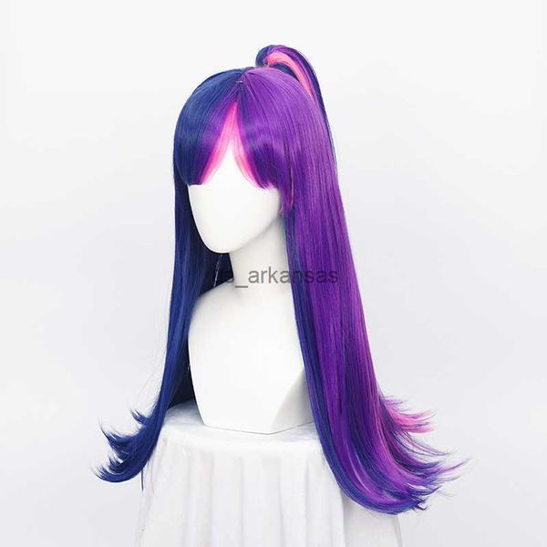 Perruques synthétiques Twilight Sparkle Straight Purple Blue Rose mélangé Long Hair Synthetic Hair Cosplay Wig with Chip Ponytail + Free A Wig Cap HKD230818