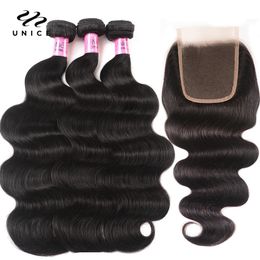 Pelucas sintéticas UNICE HAIR 4x4 Cordón Correa cerrada Malasia Body Wave 34 Band Remi Human Hair Bundle 231215