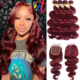 Synthetische pruiken Vall 32 inch 99J Body Wave-bundels met sluiting Braziliaans golvend Bordeauxrood Menselijk haarbundels met 4x4 vetersluiting Remy-haar 231211