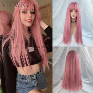 Synthetische pruiken Vicwig cosplay pruik met pony Synthetisch recht haar 24 inch lange hittebestendige roze pruik voor vrouwen HKD230818