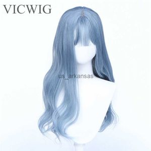 Synthetische pruiken Vicwig synthetische pruiken golf gemengde nevel blauw lange pruik voor vrouwen warmte vezel haar cosplay pruik met pony hkd230818