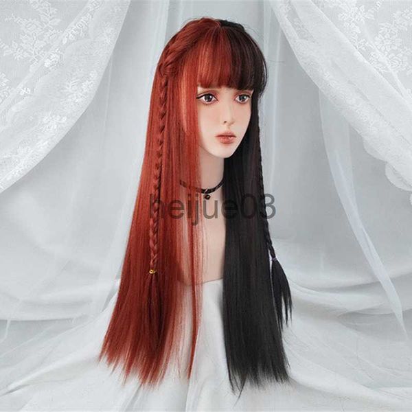 Pelucas sintéticas VICWIG Peluca de cosplay de pelo sintético largo y recto para mujer Negro Blanco Amarillo Rojo Costura de dos colores Peluca Resistencia al calor x0715