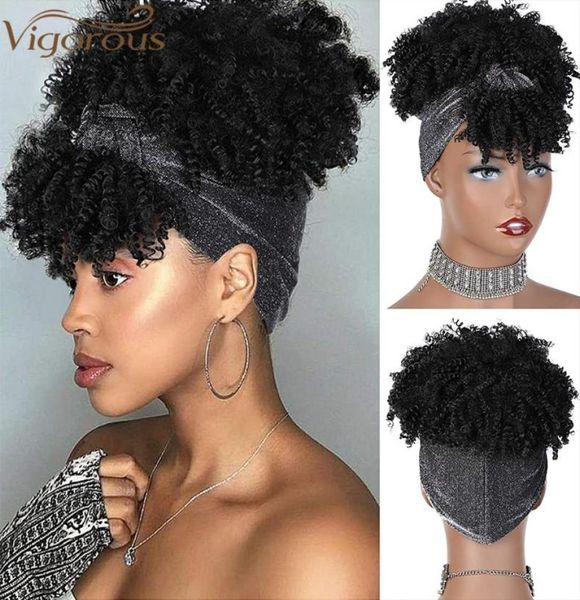 Perruques synthétiques bandeau vigoureux court noir crépus bouclés perruque avec frange Afro bouffée pour femmes argent Turban tête Wrap5264199