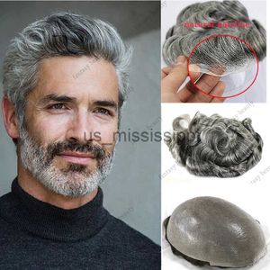 Perruques synthétiques arrosées ondulées cheveux humains hommes toupets super mince transparent ultra peau prothèse capillaire pour mâle Vloop 1B65 système de cheveux gris x0826