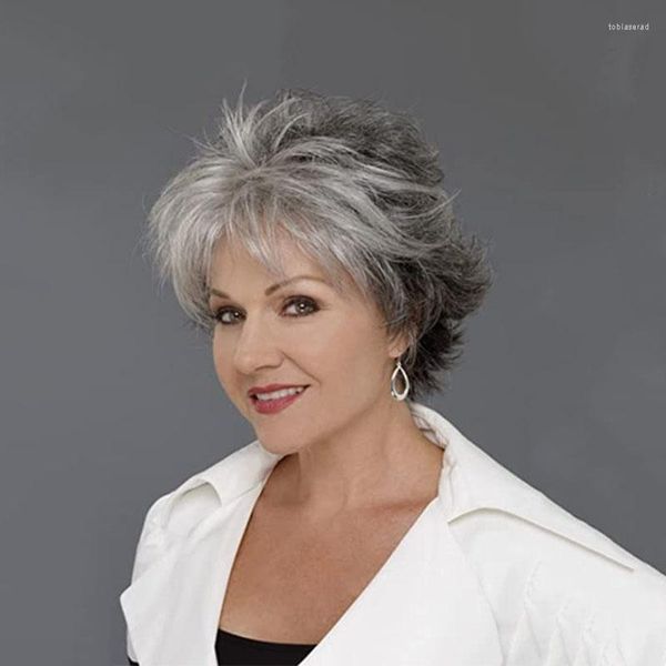 Perruques synthétiques WHIMSICAL W court gris perruque coupe lutin pour femmes blanches argent gris bouclés avec frange cheveux ondulés naturels Kend22
