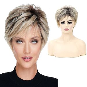 Perruques synthétiques WHIMSICAL W Short Straight Ombre Blonde avec Bang pour les femmes Cheveux naturels Dark Roots Résistant à la chaleur 230417