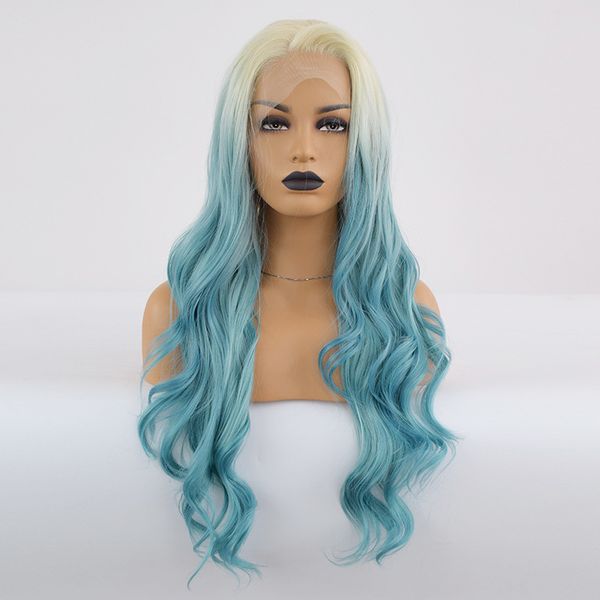 Perruques synthétiques Wholale Body Curly Lace Front Wig Ombre Blue Hair Fibres résistantes à la chaleur Synthétique Lace Front Wig Gluel Moitié attachée à la main pour toutes les femmes