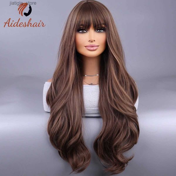 Perruque synthétique Wig Bangsbrown Curly Hair Wig avec frange Natural Realist Full Head Cover Y240401