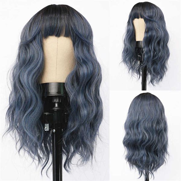 Perruques synthétiques perruque mode perruque bleu brume longueur moyenne frange droite cheveux courts bouclés fibre synthétique bandeau cadeau Net