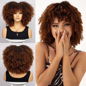 Pelucas sintéticas peluca keriting untuk wanita hitam rambut palsu bom Afro dengan poni serat sintetis tanpa lem panjang ikal 230425