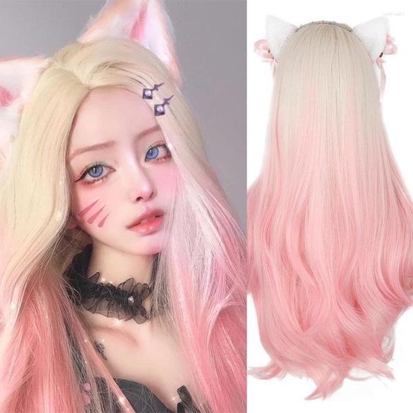 Perruques synthétiques perruque longue ondulée Ombre doré rose femme Ahri KDA Cosplay cheveux naturels moyens fibre haute température