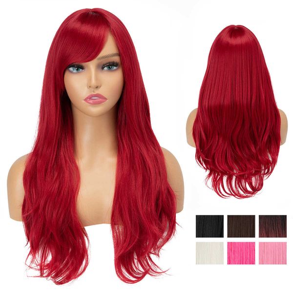 Perruques synthétiques perruque rose femme frange inclinée cheveux longs bouclés ensemble de perruque en fibres synthétiques perruques naturelles