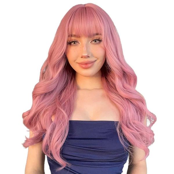 Pelucas sintéticas Peluca de moda para mujer cubierta de cabeza de fibra química flor de cerezo rosa flequillo recto pelo largo y rizado pelucas con ondas grandes