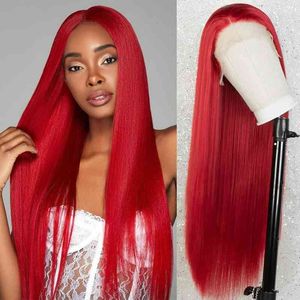 Perruques synthétiques Perruque femme perruque rouge mi-longueur cheveux raides fabriqué à la machine fibre chimique haute température soie perruque 220917