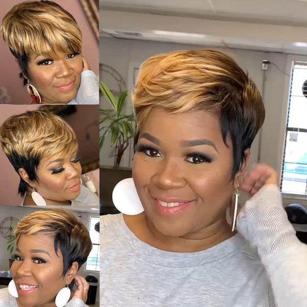 Perruques synthétiques WIGERA Highlight Short Straight Pixie Cut Hair Bob Wig Honey Gold Mix Black For Woman 230627