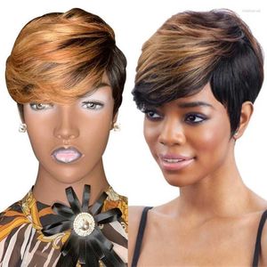 Synthetische pruiken WIGERA Pixie Cut Straight Short Honey Blonde Ombre Color Hair Bob Wig With Pony Full Manchine Made For Women Kend22