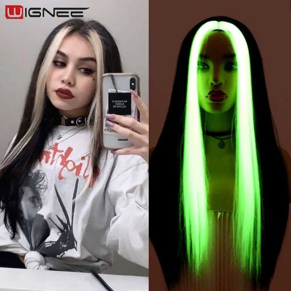 Perruques synthétiques Wignee noir et blanc longue ligne droite partie centrale cheveux synthétiques pour femmes/hommes Holloween Coaplay résistant à la chaleur 230227