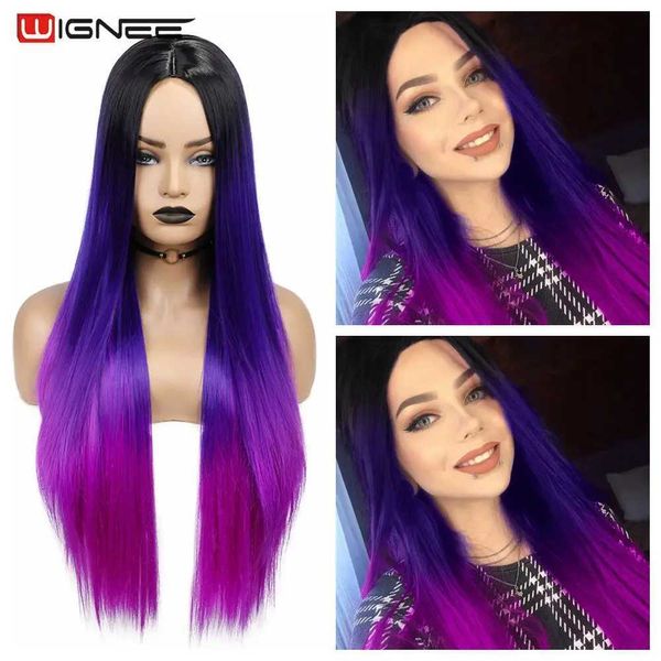 Perruques synthétiques Wignee longue ligne droite synthétique Ombre violet cheveux pour femmes partie moyenne résistant à la chaleur fibre partie quotidien Bundle 230227