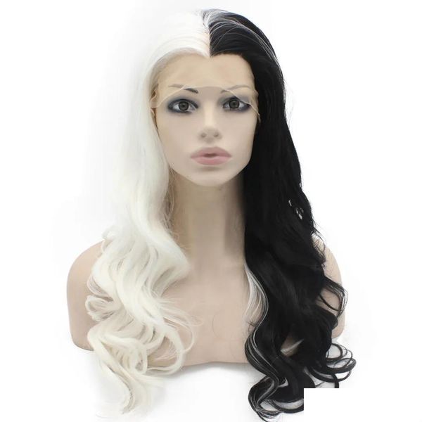 Perruques synthétiques perruques longues ondulées demi blanc noir synthétique dentelle avant perruque résistant à la chaleur livraison directe produits capillaires perruques de cheveux Dhzhe