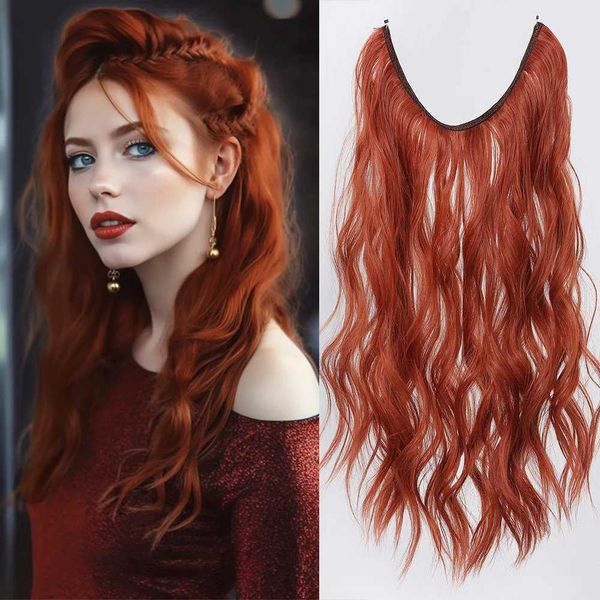 Pelucas sintéticas Postizos sintéticos de color rojo vino Sin clip Cabello de alambre invisible para mujeres Línea de pescado larga y ondulada Pieza de cabello Cosplay Uso diario 240329