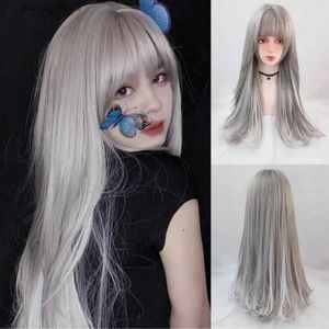 Perruques synthétiques Femmes longues synthétiques Lolita Wig Gray Highlight Hanging Ear Tyeing Micro-volume Wavy Cosplay Wigs Y240401