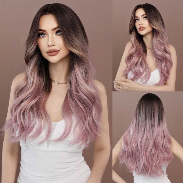 Perruques synthétiques perruque femme rose dégradé violet cheveux longs bouclés fendus perruques ondulées coréennes perruques ondulées roses