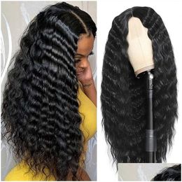 Pelucas sintéticas Woodfestival Afro Kinky Curly Wig Black Para afroamericano Cabello largo Línea media Mujeres Drop Delivery Products Dhiwb
