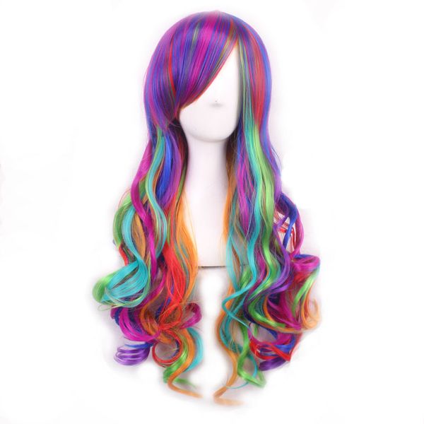 Pelucas sintéticas Woodftival Peluca larga ondulada Color del arco iris Pelo sintético Mujeres Japane Harajuku Verde Rosa Blanco Rojo Púrpura Fibra Anime Cos Pelucas Ombre