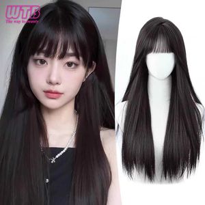 Perruques synthétiques WTB synthétique 65CM coréen noir cheveux longs raides perruque synthétique naturel longs cheveux raides avec frange perruque 240328 240327