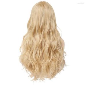 Pelucas sintéticas X-TRESS Moda Peluca de pelo Llegada 130% Densidad Cuerpo largo Onda Color dorado para mujeres Máquina con flequillo