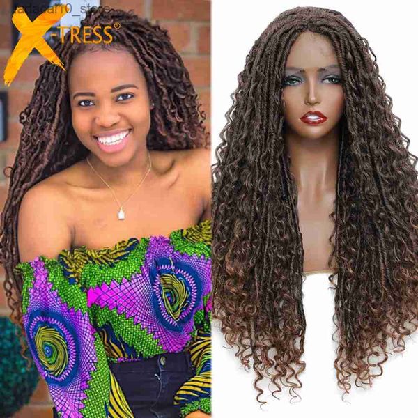 Pelucas sintéticas X-TRESS Faux Locs Peluca trenzada delantera de encaje sintético con pelo de bebé Trenzas de ganchillo de 28 pulgadas River Goddless Locs con peluca de pelo rizado Q240115