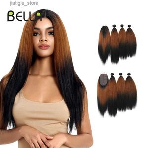 Synthetische pruiken yaki rechte haar bundels ombre bundels synthetisch haar 4pcs/pack 18-22inch 245 g bundels met sluiting bella weef haar y240401