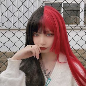Synthetische pruiken Yin en Yang Head Long Hair Personality Vrouwelijke kleur Lolita Red Black Double Spell Ji Princess Cut Right 230303