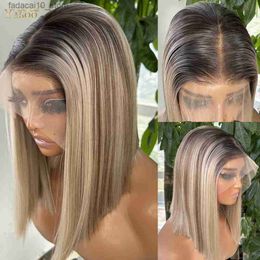 Pelucas sintéticas YYsoo Short Ombre Highlight Glueless Straight Futura Hair 13x6 Sintético Lace Front Bob Wig para mujeres negras Pre Plucked Hairline Q240115