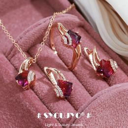 SYOUJYO Vintage Granaat Rode Natuurlijke Zirkoon Sieraden Sets 585 Rose Goud Kleur Mode Jurk Collocatie Ketting Oorbellen Ring Gift 240125