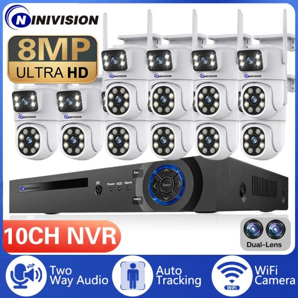 Sistema 10CH 4K POE NVR HD 6MP Lente dual PTZ Wifi IP Cámaras de seguridad para el hogar Video H.265 CCTV Kit de vigilancia inalámbrica de pista automática