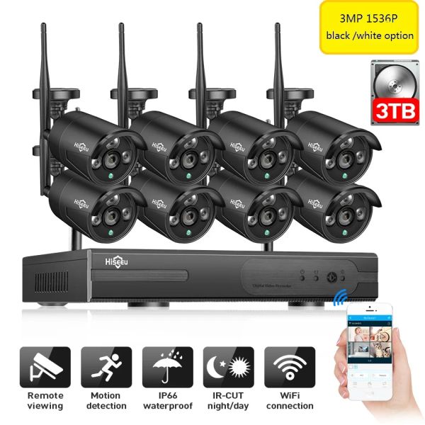 Système 3MP CCTV Système 1536p 8ch HD Wireless NVR Kit 3To HDD OUTDOOR IR Night IP WiFi Camera Security System Video