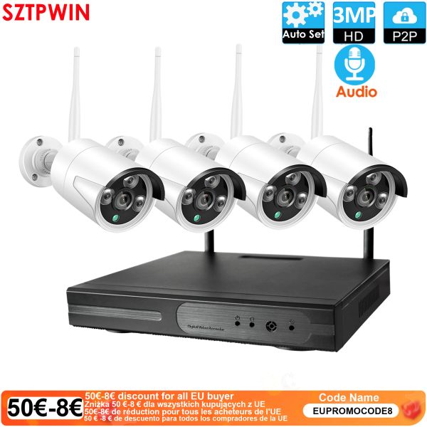 Système 4ch 1080p HD Audio Wireless NVR Kit P2P 3.0MP Indoor Outdoor IR Vision Night Securit