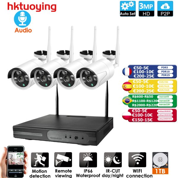 Sistema 4CH 1080P HD Audio Wireless NVR NVR Kit P2P Interior IR Night Vision Security 3.0MP Camera de color negro Wifi CCTV Sistema de CCTV