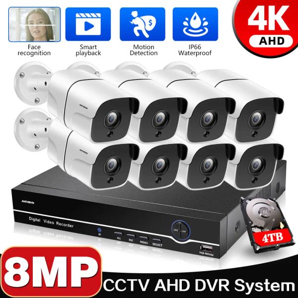 Sistema 4K 8CH AHD Video Video Vigilancia Sistema CCTV Kit con cámaras de seguridad de 8MP Visión nocturna IP66 DVR al aire libre impermeable 4TB HDD