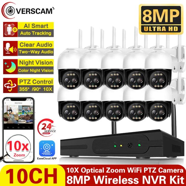 Système 4K 8MP WiFi Camera Security 10x Optical Zoom System 10ch Wireless NVR Outdoor Tracking PTZ Camera Video Subswance Kits