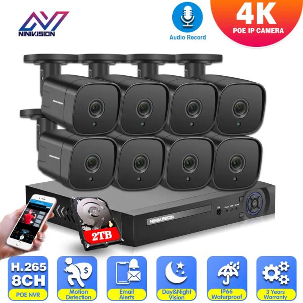 Sistema 4K Ultra HD 8MP POE NVR Kit Street CCTV Sistema de seguridad de grabación Bullet Audio Cámara IP Conjunto de cámara de videovigilancia para el hogar al aire libre