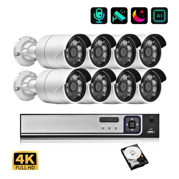 Sistema 4K Ultra HD 8MP Cámara de seguridad Sistema Detección de movimiento Visión nocturna Visión de 8ch Poe NVR Kit de vigilancia P2P Cámara IP P2P