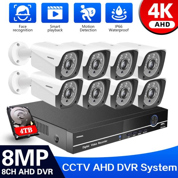 Système 8ch 4k Super HD Video Security System H.265 + DVR avec 2/4/6/8x 8MP Bullet extérieur imperméable Kit de caméra CCTV Kit AI